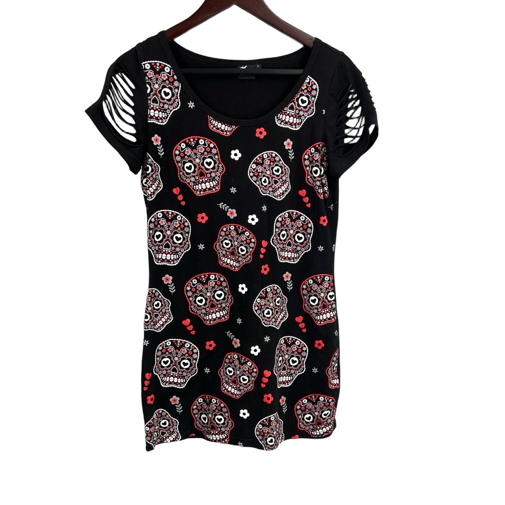 Banned‎ Sugar Skull Print Dress Black Cut-Out Sleeve Gothic Alt Punk Size L